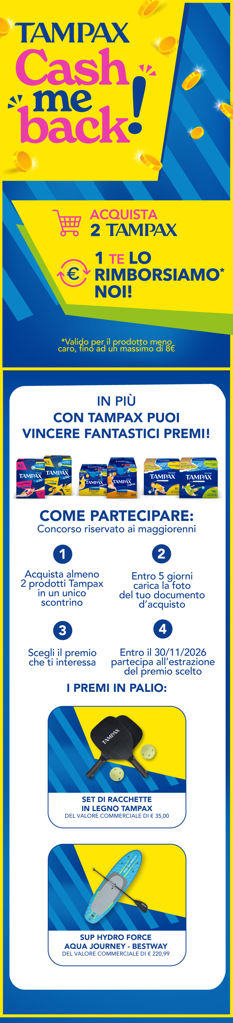 Immagine smartphone che spiega la meccanica dell'iniziativa Cash me Back! Con l'acquisto di 2 prodotti ricevi il rimborso del meno caro e in più partecipi al concorso. In palio un Sup Bestway e un set di racchette Tampax